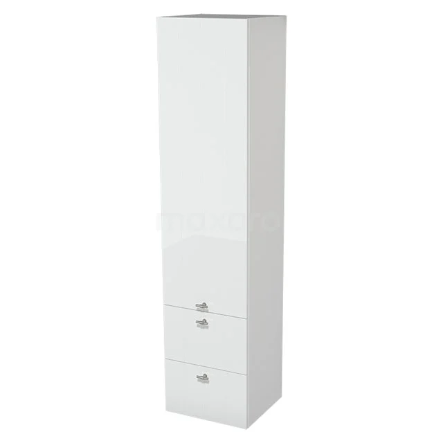 Hoher weißer Badschrank mit glänzender Oberfläche, zwei Schubladen und einer Tür, ideal für organisierte Badezimmerlagerung.