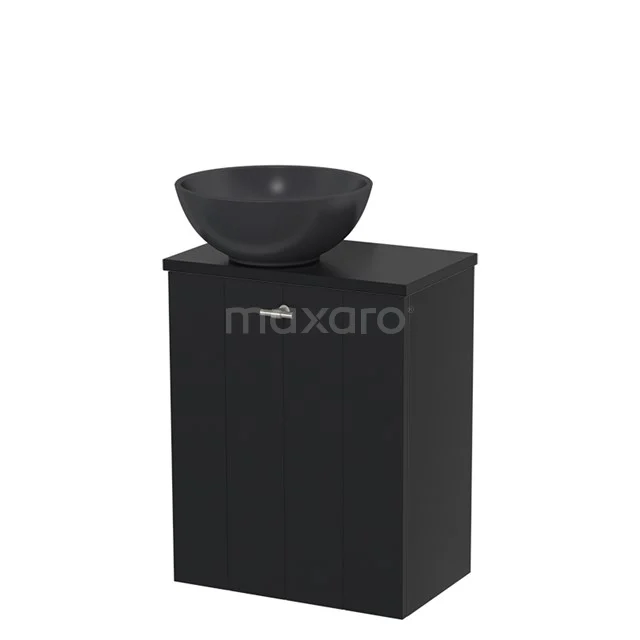 Black bathroom cabinet with matte black countertop wash basin, compact design, ideal for modern bathrooms, made of durable wood.