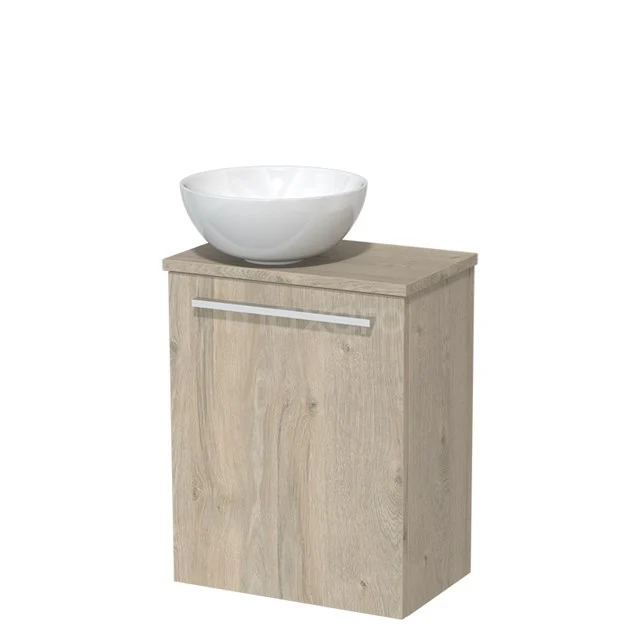 Holz Badschrank mit heller Eiche-Oberfläche, weißem Keramik Aufsatzwaschbecken und modernem Haltegriff für stilvollen Badezimmerraum.