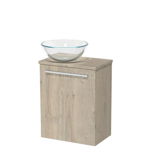 Wooden bathroom cabinet with light Oak finish and glass countertop wash basin, ideal for stylish compact bathroom arrangements.