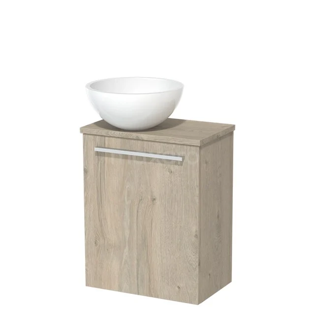 WC-Möbel mit Aufsatzwaschbecken | 41 cm Hellgraue Eiche Glatte Front Hochglanz Weiß Aufsatzwaschbecken aus Mineralguss Hellgraue Eiche Platte TMK10-04871 Holz Badschrank mit heller Eiche-Oberfläche, einschließlich weißer Waschbecken und schickem Metall Haltegriff.