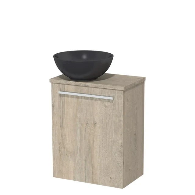 Wooden bathroom unit with vanity units for countertop wash basin, oak look and black round bowl, ideal for a modern and stylish bathroom.