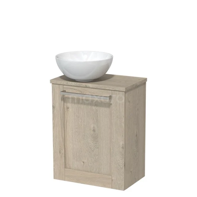 WC-Möbel mit Aufsatzwaschbecken | 41 cm Hellgraue Eiche Rahmenfront Hochglanz Weiß Keramik-Aufsatzwaschbecken Hellgraue Eiche Platte TMK10-04874 Holz-Badschrank mit weißem Keramik-Waschbecken, kompaktes Design, ideal für moderne und kleine Bäder.