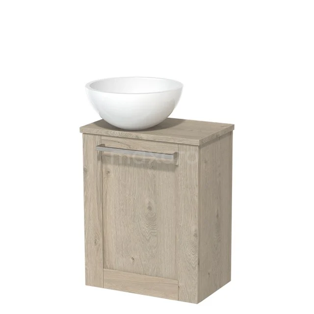 Wooden bathroom unit with light Oak finish, featuring a white ceramic countertop wash basin and a door with integrated Handle.