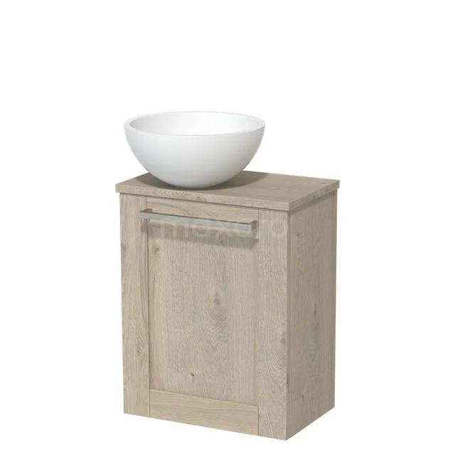 WC-Möbel mit Aufsatzwaschbecken | 41 cm Hellgraue Eiche Rahmenfront Matt Weiß Aufsatzwaschbecken Hellgraue Eiche Platte TMK10-04878 Hölzerner Badschrank mit Griffen, skandinavischem Stil, einschließlich weißem Aufsatzwaschbecken aus Keramik.