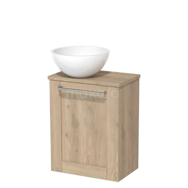 WC-Möbel mit Aufsatzwaschbecken | 41 cm Hellbraune Eiche Rahmenfront Hochglanz Weiß Mineralguss Aufsatzwaschbecken Hellbraune Eiche Platte TMK10-02732 Holz Badschrank mit Waschbecken, Eiche-Look, kompaktes Design für kleine Bäder, ideal zum stilvollen Verstauen.