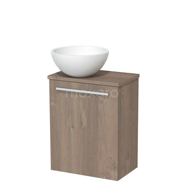 Wooden bathroom cabinet with washbasin bowl, modern Oak look, compact size, ideal for small bathrooms.