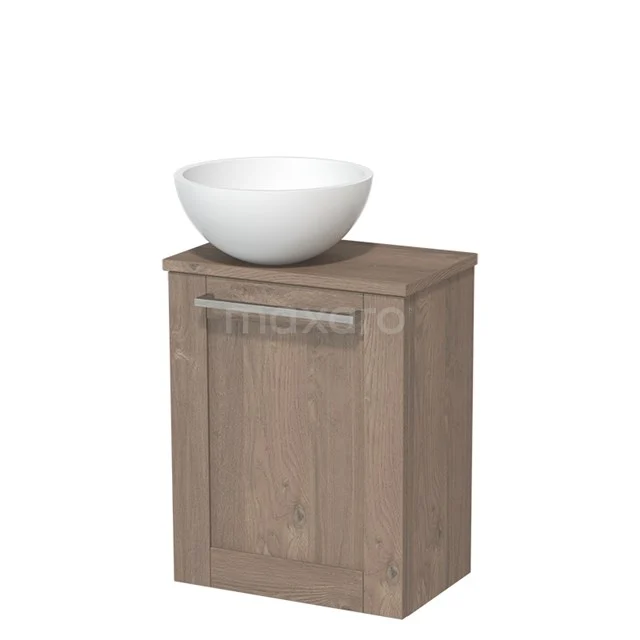 Wooden bathroom cabinet with white round basin, compact design and metal Handle, ideal for a stylish bathroom.