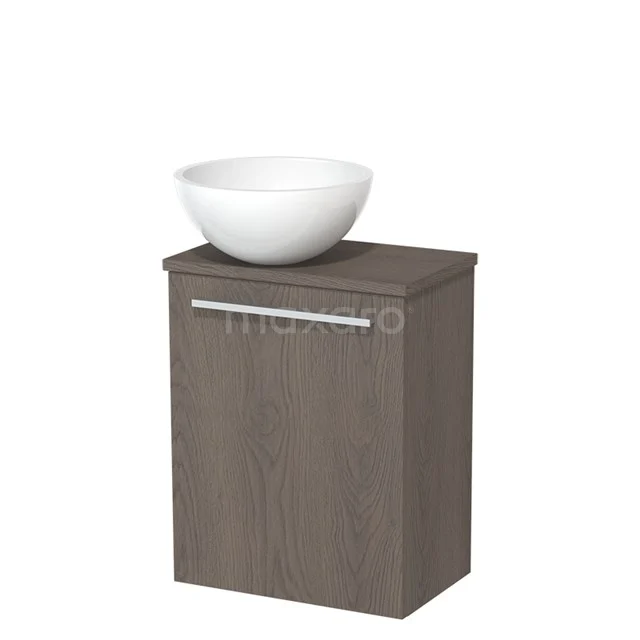 Graue Eiche Badschrank mit weißem keramischen Aufsatzwaschbecken, kompakte Form, ideal für moderne Badezimmeraufstellungen.