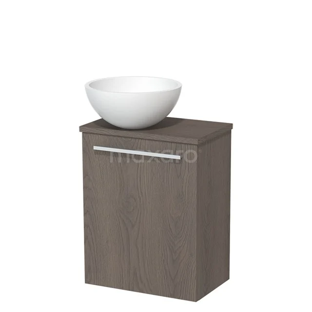 WC-Möbel mit Aufsatzwaschbecken | 41 cm Dunkelbraune Eiche Glatte Front Matt Weiß Aufsatzwaschbecken Dunkelbraune Eiche Platte TMK10-04884 Dunkelholz Badschrank mit weißem Aufsatzwaschbecken, modernem Stil und chromfarbigem Haltegriff, ideal für kleine Bäder.