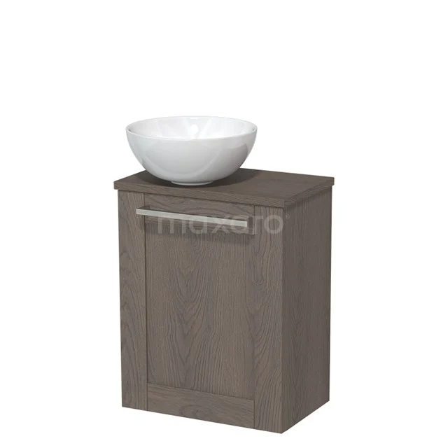 Toilet unit with countertop wash basin | 41 cm Dark brown oak Front High-gloss white Ceramic countertop wash basin Dark brown oak worktop TMK10-00134 Wooden Bathroom unit with matte grey finish and white ceramic basin, compact design for modern bathrooms.