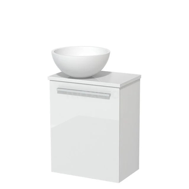 WC-Möbel mit Aufsatzwaschbecken | 41 cm Hochglanz Weiß Glatte Front Matt Weiß Solid Surface Aufsatzwaschbecken Hochglanz Weiß Platte TMK10-04920 Weißer Badschrank mit Haltegriff und oben eine runde weiße Waschbecken, modernes Design und glänzende Oberfläche.