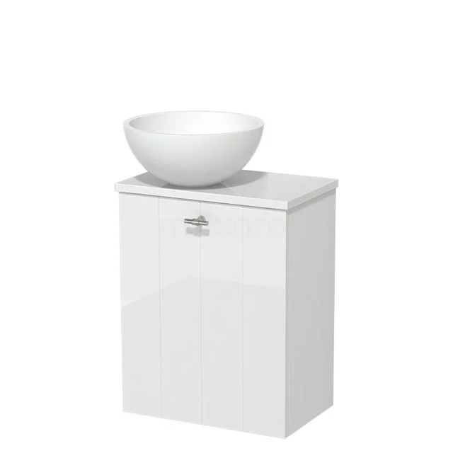 Weißer Badschrank mit Hochglanz-Oberfläche, keramisches Aufsatzwaschbecken oben, ideal für moderne Badezimmergestaltung.