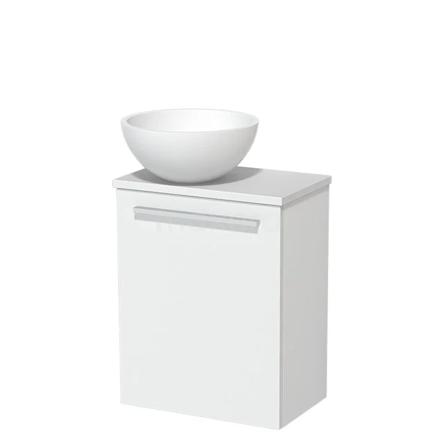 White bathroom cabinet with ceramic bowl, modern look, ideal for compact bathrooms. Elegant storage space.