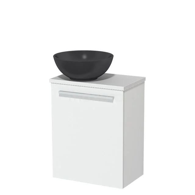 Wit badkamermeubel met zwarte wastafelkom, modern ontwerp, ideaal voor een stijlvol en praktisch badkamerinterieur.