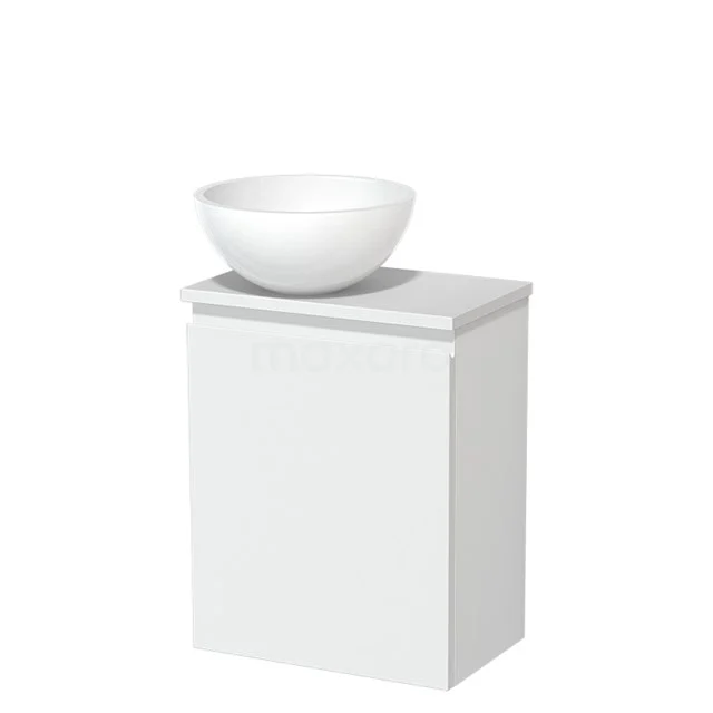 White bathroom unit with countertop basin, minimalist design, made of wood with a ceramic bowl.