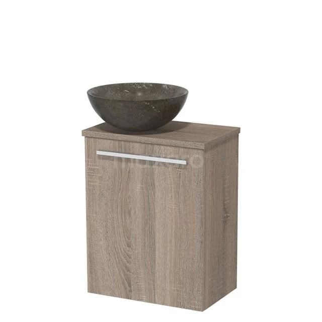 WC-Möbel mit Aufsatzwaschbecken | 41 cm Eiche glatte Front Blaustein Naturstein Aufsatzwaschbecken Eiche Platte TMK10-04989 Holz-Badmöbel mit grauem Natursteine Aufsatzwaschbecken, kompaktes Design und integrierter Stauraum.