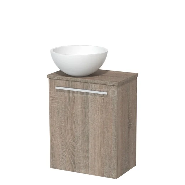 WC-Möbel mit Aufsatzwaschbecken | 41 cm Eiche Glatte Front Matt Weiß Solid Surface Aufsatzwaschbecken Platte Eiche TMK10-04992 Holz Badschrank mit Waschbecken, rustikale Eichenholzoberfläche und modernen Metall Haltegriff, ideal für kompaktes Badezimmerdesign.