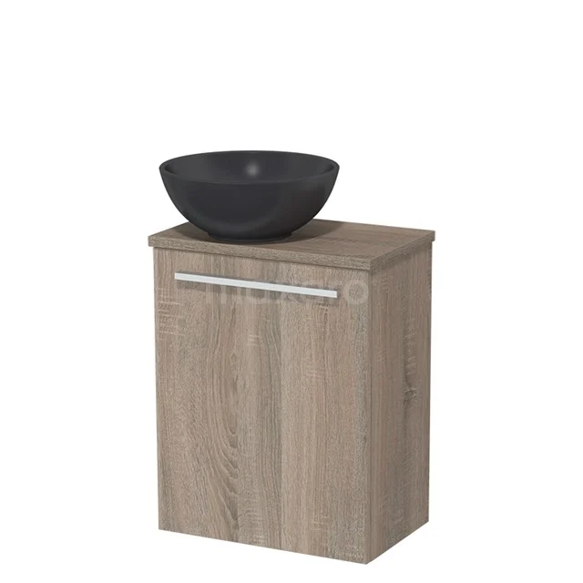WC-Möbel mit Aufsatzwaschbecken | 41 cm Eiche glatte Front Matt Schwarz Quarz Aufsatzwaschbecken Eiche Platte TMK10-04993 Holz Badezimmermöbel mit dunklem Aufsatzwaschbecken, kompakte Größe und metallischem Haltegriff; ideal für moderne Bäder.