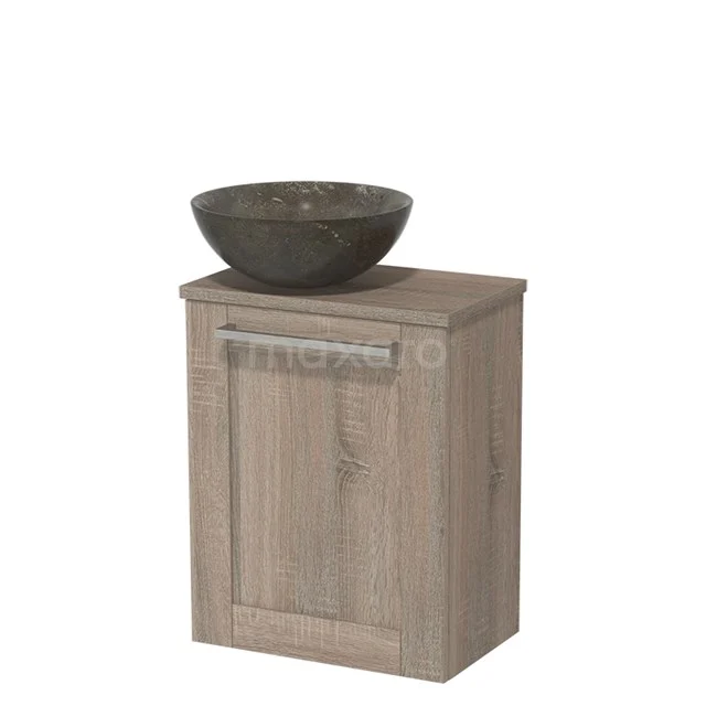 WC-Möbel mit Aufsatzwaschbecken | 41 cm Eiche Rahmenfront Blaustein Naturstein Aufsatzwaschbecken Platte aus Eiche TMK10-04995 Badmöbel mit Aufsatzwaschbecken, Holzlook-Schrank, Schwarz steinernes Aufsatzwaschbecken, kompaktes Design, ideal für kleine Bäder.