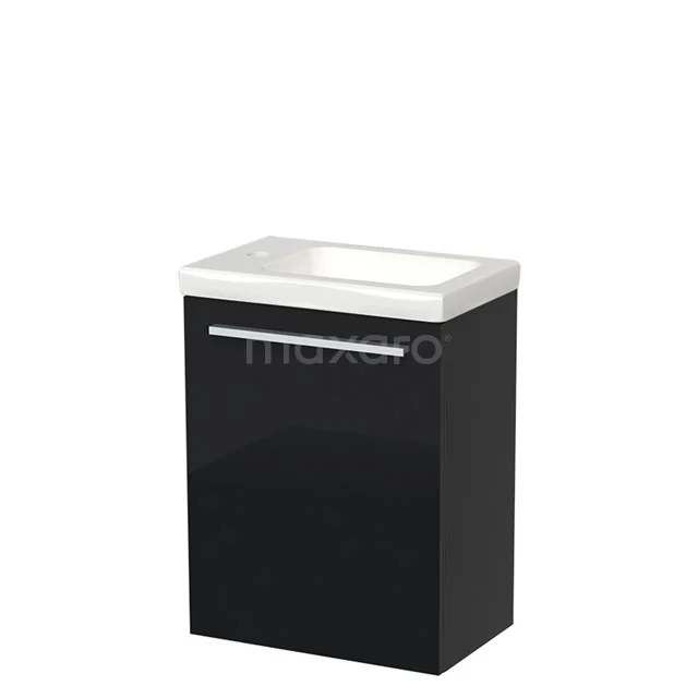 Schwarzes Badmöbel mit weißem Waschbecken, schlichtes Design und metallischem Haltegriff, ideal für einen modernen Badezimmerstil.