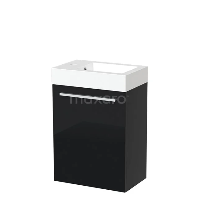 Black bathroom unit with white vanity units with basin, modern design, compact size and silver handle, ideal for small bathrooms.