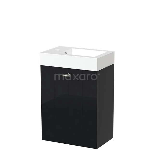 Compact black bathroom furniture set with white basin, glossy finish, ideal for a modern bathroom style.