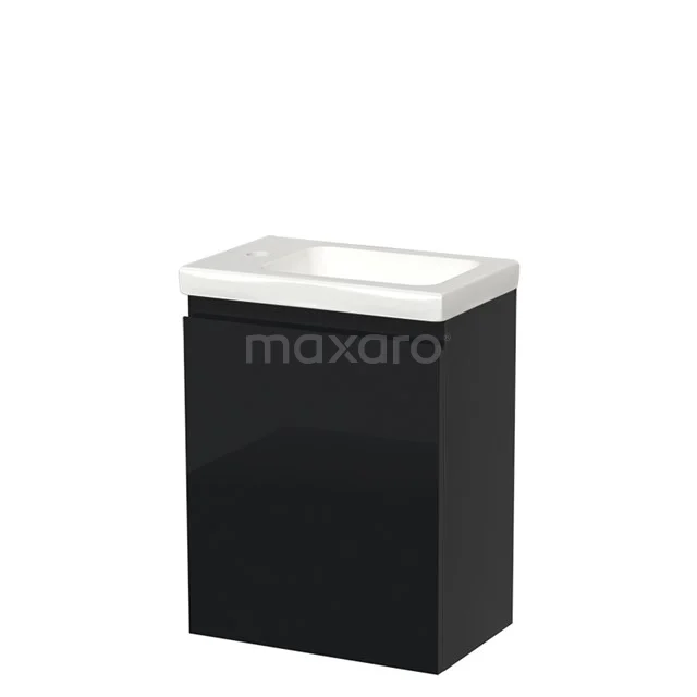 Black bathroom cabinet with white ceramic basin, compact design, ideal for modern bathroom design.