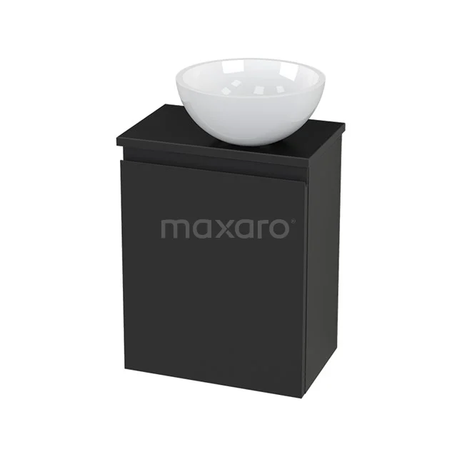 Black bathroom unit with white bowl-shaped basin, modern design and compact shape, ideal for small bathrooms.