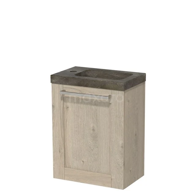 Modulo Pico WC-Möbel mit Waschbecken | 40 cm Hellgraue Eiche Rahmenfront Naturstein TMW10-00081 Holz Badschrank mit Waschtischplatte, helle Eiche-Oberfläche und dunkler Stein-Optik Platte, kompaktes Design für kleine Bäder.