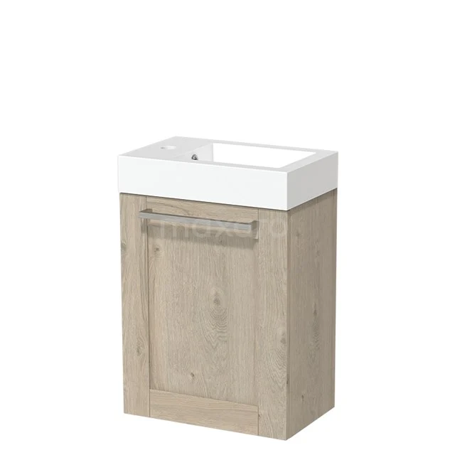 Kompakte Holz-Badmöbel mit Waschbecken, natürliche Eiche Optik und schlankem weißen keramischen Aufsatzwaschbecken, ideal für kleine Bäder.