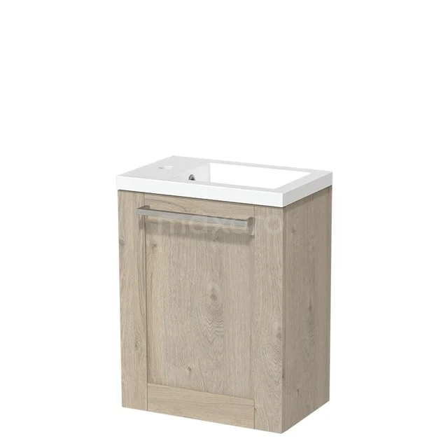 Wooden bathroom unit with integrated white vanity unit with door, compact design for small bathrooms.