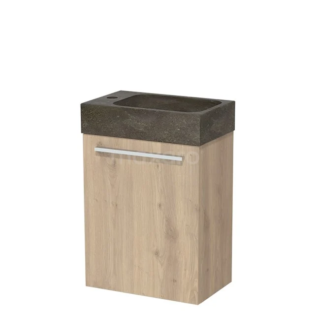 Modulo Pico WC-Möbel mit Waschbecken | 40 cm Hellbraune Eiche Glatte Front Naturstein TMW10-00086 Kompakte Holz-Badmöbel mit dunkelgrauem Waschbecken, modernem Finish und stilvollem chromfarbenem Haltegriff.