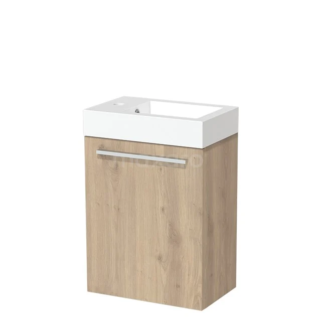 Holz Badezimmermöbel mit weißem Waschbecken, kompaktes Design, geeignet für moderne Bäder, mit metallischem Haltegriff.