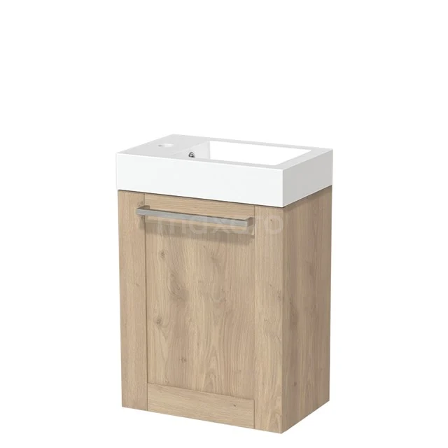 Holz-Badmöbel mit Waschbecken, helle Eiche-Oberfläche, kompaktes Design, ideal für kleine Bäder.