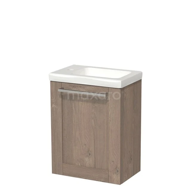 Modulo Pico WC-Möbel mit Waschbecken | 40 cm Mittelbraune Eiche Rahmenfront Keramik TMW10-00103 Kompakter Eichen Badschrank mit weißem Waschbecken, modernes Design und praktischer Stauraum für stilvolle Badezimmergestaltung.