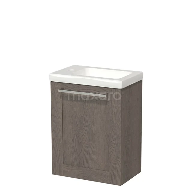 Holz Badschrank mit Waschbecken, modernes Design, dunkle Eiche Oberfläche und metallischer Haltegriff, kompaktes Format für kleine Bäder.