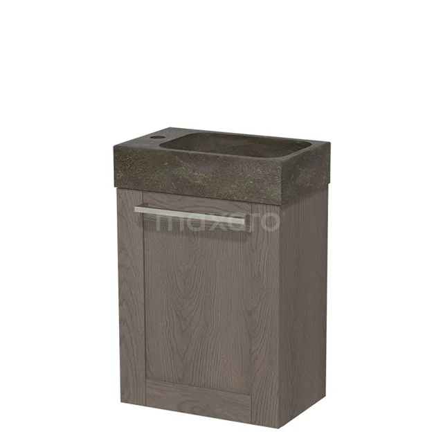 Kompakter Holz-Badschrank mit grauer Stein-Waschtischplatte, ideal für stilvolle und funktionale Badezimmergestaltung.