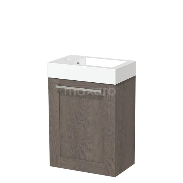 Kompakte Badmöbel mit Waschbecken, Holzoptik Schrank in Grau-Braun, metallischer Haltegriff, ideal für moderne Badezimmer.