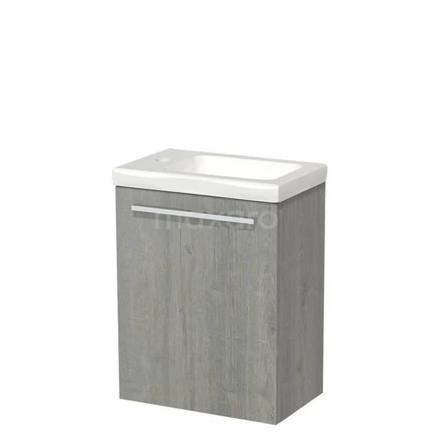 Grey wooden bathroom cabinet with integrated white basin, compact design from modern series.