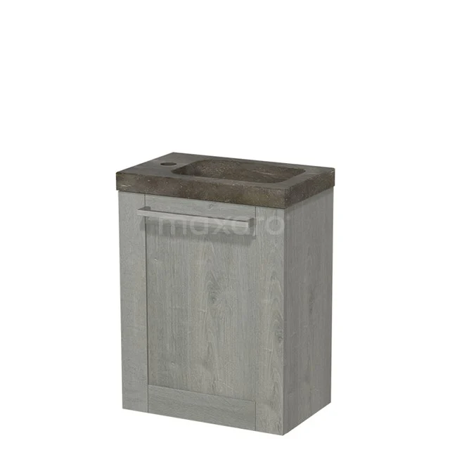 Modulo Pico Toilet unit with basin | 40 cm Grey oak Front Natural stone TMW10-00129 Compact grey wooden Bathroom cabinet with dark wooden worktop and modern handle, ideal for stylish storage space in the bathroom.