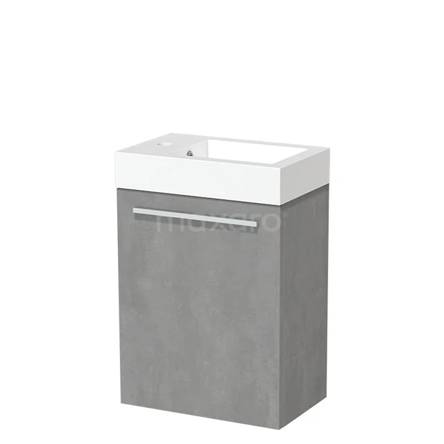 Grauer Badschrank mit Waschbecken, modernes Design, Betonlook-Oberfläche, ideal für kompakte Bäder.