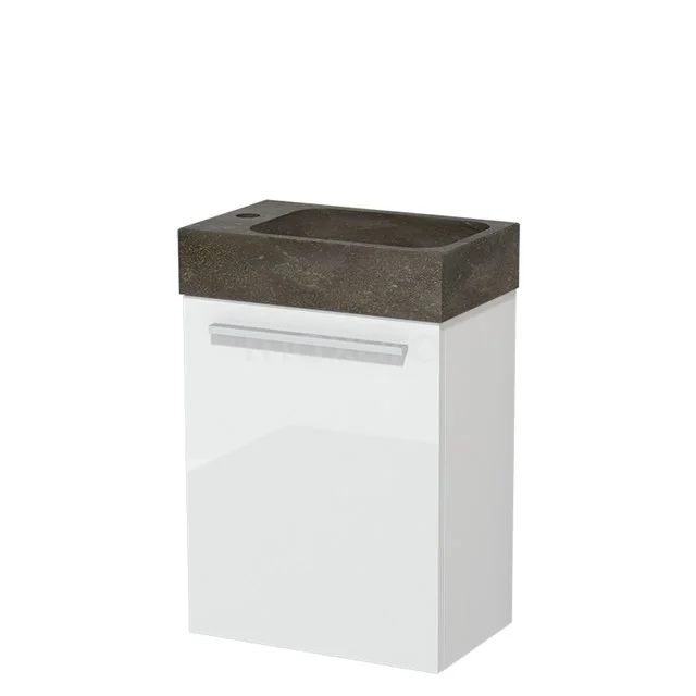 Weißes Badmöbel mit grauer Waschtischplatte, kompaktes Design, ideal für moderne Bäder.