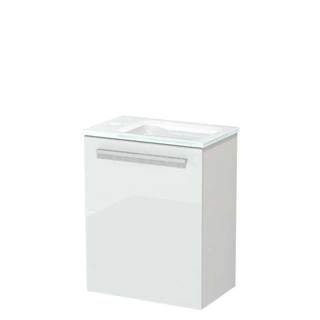 Weißes Badezimmermöbel mit integrierter Waschbecken, schlankes Design und metallischem Haltegriff, ideal für modernes Badezimmerinterieur.