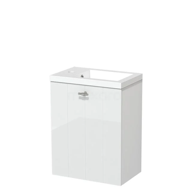 Weißes Badezimmermöbel mit Hochglanzoberfläche, rechteckigem Design und integriertem Waschbecken, ideal für kompakte Bäder.