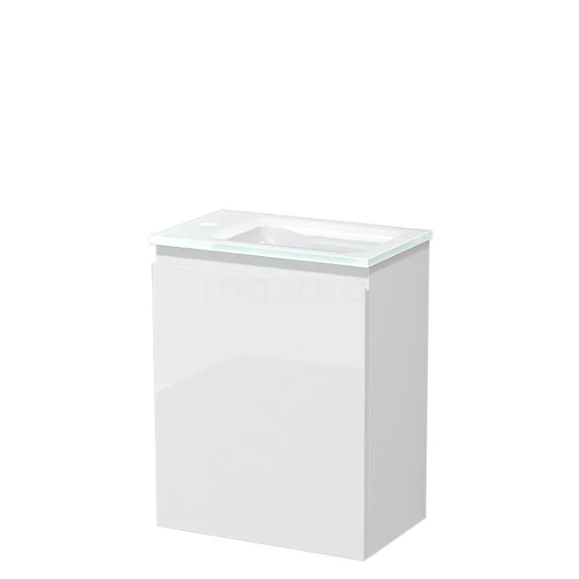 White rectangular bathroom unit with integrated vanity unit with basin, minimalist design, made of high-gloss material.