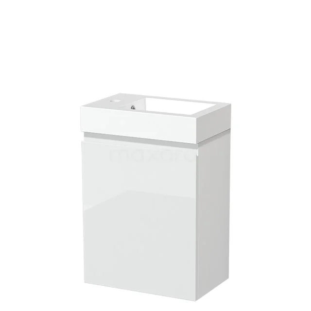 Weißer Waschtischunterschrank mit modernem Design, glänzender Oberfläche, ideal für eine kompakte Badezimmeranordnung.