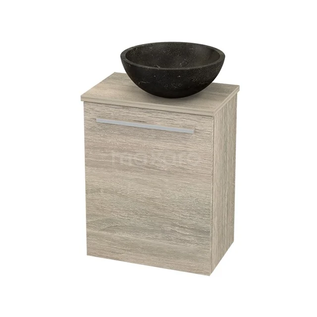 WC-Möbel mit Aufsatzwaschbecken Naturstein Modulo+ Pico Eiche 41cm BMC000832 Hangender Badschrank Holzoptik mit schwarzem Naturstein Aufsatzwaschbecken, schlichtes und modernes Design für kompakte Bäder.