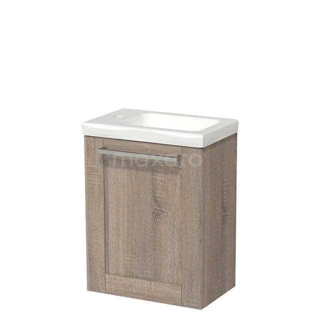 Holz-Badschrank mit integriertem Waschbecken, Eichenoberfläche, kompaktes Design, ideal für kleine Bäder.