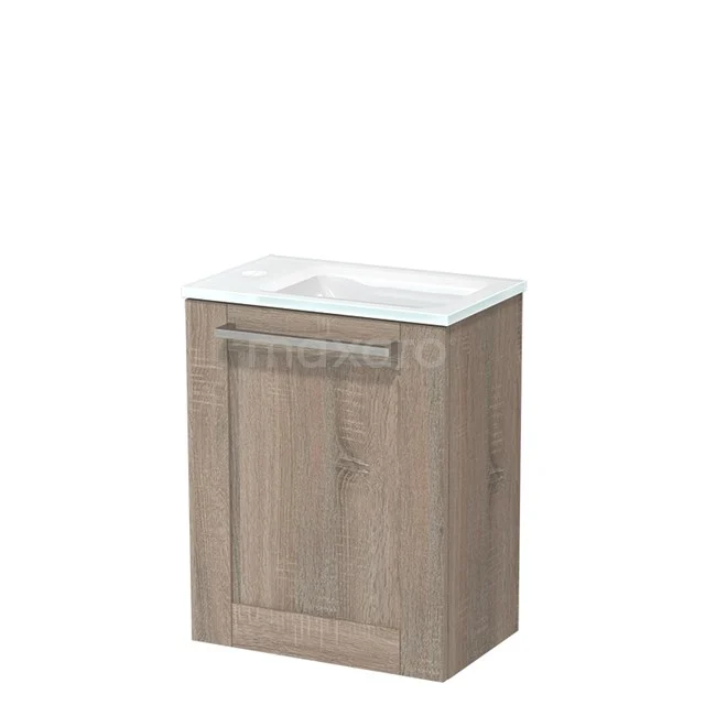Wooden bathroom cabinet with basin, oak look, modern design, ideal for compact bathrooms, fitted with a chrome handle.